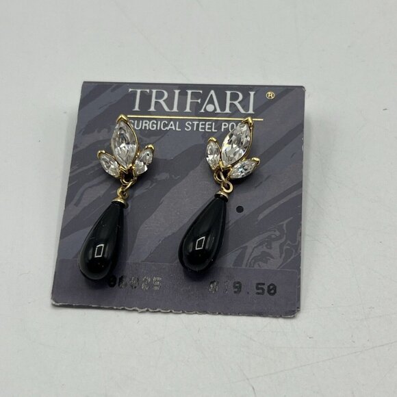 Trifari Pierced Earrings Rhinestone Black Dangle - Picture 2 of 3